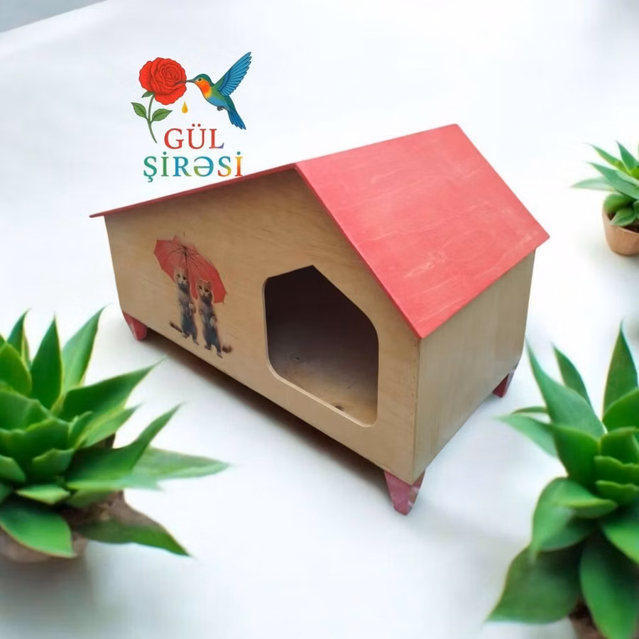 Taxta pişik evi – “Burada yerim rahatdır” yazılı - Material