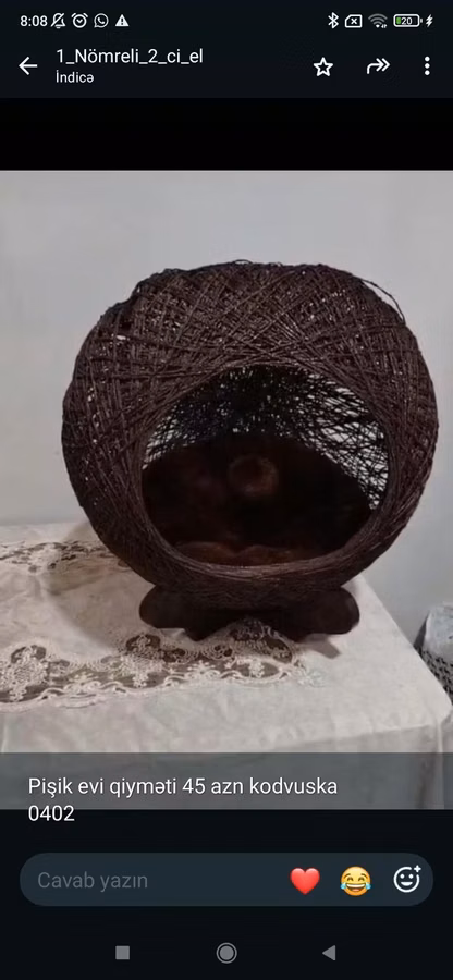 Pişik evi – dekorativ kürə formalı model. - Material: möhkəm ip/rafiya