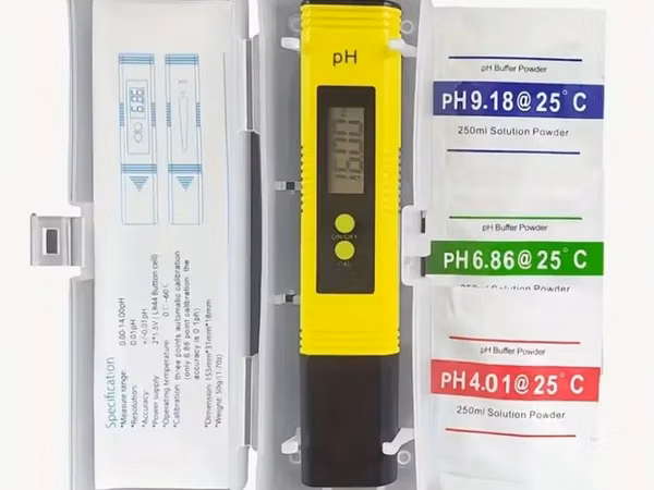 PH meter 0-14 ջրի թթվայնությունը ստուգող սարք կարգավորման փոշիները տուփի մեջ են