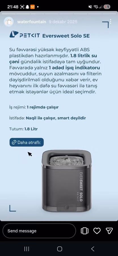 PETKIT Eversweet Solo SE – ev heyvanları üçün su fəvvarəsi -